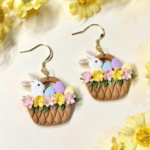Easter Bunny Basket Earrings: Floral Polymer Clay, Spring Celebration