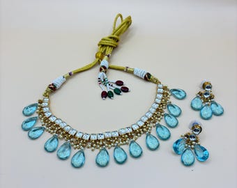 Pachi Kundan Choker Set with Sky Blue Glass Beads – Indian Jewelry