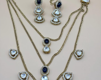 Triple Layer Kundan Necklace Set, Blue Doublet CZ Stones, Gold Polish, Indian Bridal Jewelry