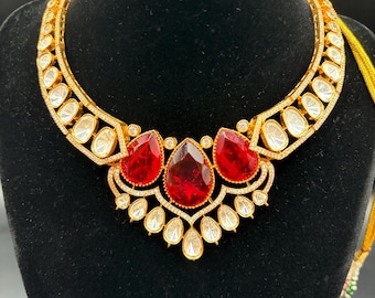 Red Doublet Mossanite Kundan Necklace - Gold polis, Wedding necklace, Luxury Ethnic Jewelry Set
