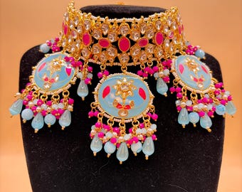 Tappa Kundan Choker Set with Tikka, Blue Hot Pink Indian Bridal Jewelry