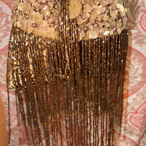 Designer inspired Brown Golden Potli Bag, Crystal Tassels, Cutdana Beads, Bridal Wedding Purse
