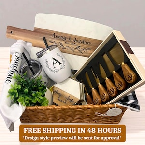 Personalized Gift Basket Set- Cutting Board, Coasters, Cheeseknives set, Tumblers - Wedding gift, Christmas Gift, Anniversary, Housewarming