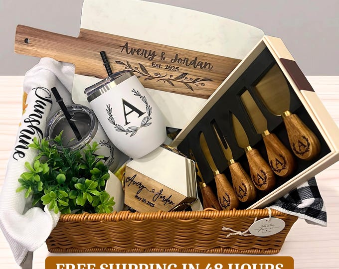 Personalized Gift Basket Set- Cutting Board, Coasters, Cheeseknives set, Tumblers - Wedding gift, Christmas Gift, Anniversary, Housewarming