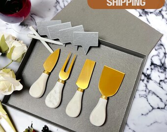 Gold Stainless Steel Cheese Knife Set, 4 pcs with slates - Bridal Shower Wedding gift Birthday Gift, Gift for Mom, Love, Realtor Gift