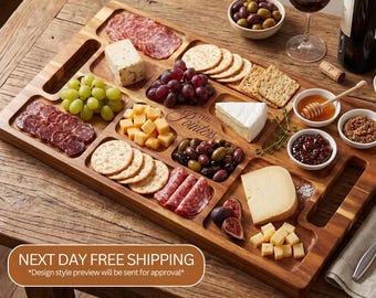 Stor serveringsbricka med handtag: Handgjorda trächarkuterier för bröllop, inflyttningspresent, årsdag, Thanksgiving, mäklarpresent, jul
