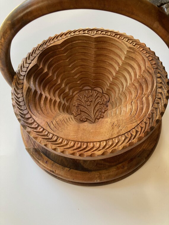VINTAGE Carved Wood Collapsible Basket