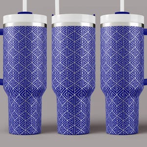 May include: Three stainless steel travel mugs with blue handles and lids. The mugs have a white and blue geometric pattern.