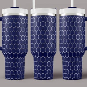 May include: Three stainless steel tumblers with a navy blue and white honeycomb pattern. Each tumbler has a lid and a straw.