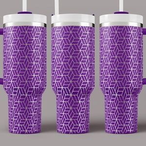 May include: Three purple stainless steel tumblers with a white geometric pattern and a white lid. Each tumbler has a purple handle and a straw.
