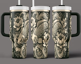 Koi Fish Tumbler Wrap SVG: Floral Waves Laser Engraved Design (40oz)