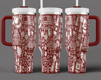May include: A set of three red travel mugs with white illustrations and text. The mugs feature a handle, a white lid, and a straw. The design includes American flags, fireworks, and the text "Lit for the 4th".