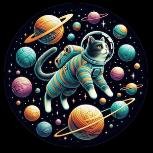 Téléchargement numérique de 9 chats purrioneer - chat de l'espace lunatique dans une scène de fil cosmique, fichiers SVG et PNG pour projets de bricolage, travaux manuels et cadeaux