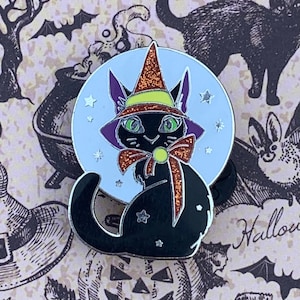 Retro witch moon cat Halloween cat glow enamel pin