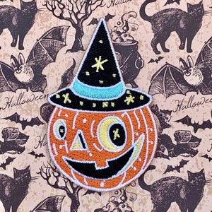 Retro pumpkin witch iron on Halloween patch