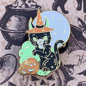 Retro Witch cat Halloween cat glow enamel pin