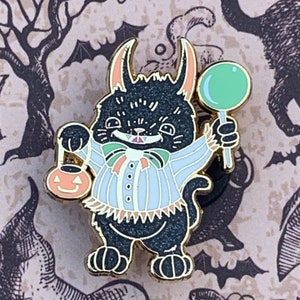 Retro trick or treat cat Halloween cat glow enamel pin