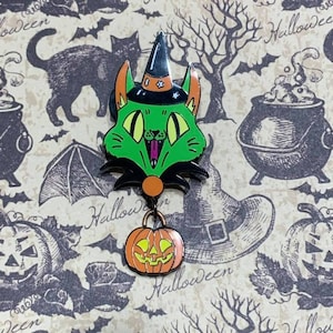 Retro Witchy pumpkin cat Halloween cat dangle enamel pin