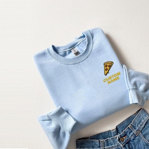 Custom Name Embroidered Minimal Pizza Slice Hoodie And Sweatshirt, Personalized Pizza Apparel, Cozy Gift for Food Lovers