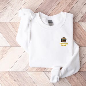 Custom Name Embroidered Floating Burger Layers Hoodie And Sweatshirt, Personalized Foodie Apparel, Cozy Gift for Food Lovers