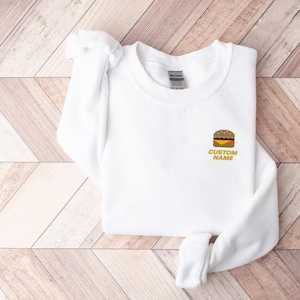 Custom Name Embroidered Minimal Flat Stack Burger Hoodie And Sweatshirt, Personalized Burger Apparel, Cozy Gift for Food Lovers