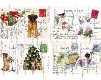 CHRISTMAS CARDS postcards digital TAgs Pugs Puppies Terrier Dogs Snow Birds Cute Printable Vintage Postcard Papercrafts Scrapbook