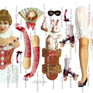 PAPER DOLL Digital 2 Shts Skates Circque Circus Druckbare hübsche Papierpuppe Columbine Clown Hasen Download Papercrafts Poirot Digital
