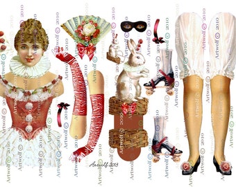 PAPER DOLL Digital 2 Shts skates Circque Circus Printable pretty Paper Doll Columbine Clown Rabbits Download Papercrafts poirot Digital