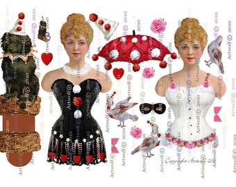 PAPER DOLLs  2, 3 Shts Circque Circus Paper Dolls Columbine Clown  Dog Doves Papercrafts  Scrapbook Cardmaking