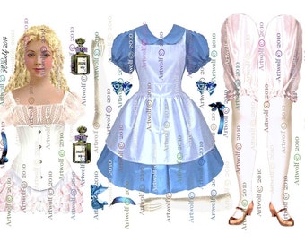 PAPER DOLLs,2 ALICE Wonderland Paper dolls White Rabbit Cheshire Cat Digital Doll Ballerina Papercrafts Scrapbooking Cardmaking