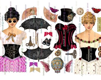 PAPER DOLLs  2 Steam Punk Dolls  Altered art Vintage Printable Papercrafts Scrapbook Cardmaking