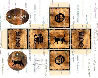 May include: A printable paper craft template for a Halloween box featuring a distressed gold and black textured background. The design includes square panels with black silhouettes of a cat and gothic lettering, plus two circular tags with the text BOO.