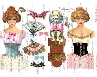 PAPER DOLLs  2 Stage Showgirl Circus Dolls 3 sheets Vintage Pet Dog masks Papercraft Cardmaking