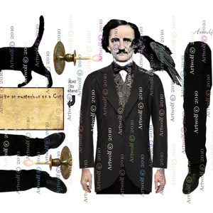 May include: A black and white paper doll of Edgar Allan Poe, the author of famous horror stories. The paper doll includes a black suit, a black cat, a raven, and a candlestick.
