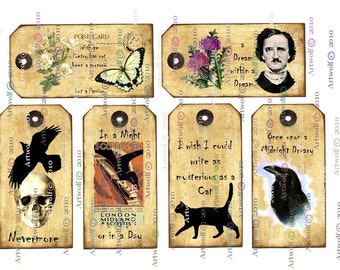 EDGAR ALLAN POE instant Digital Download, Tags,Raven,Cat, Quotes,Gothic  Party bag, halloween Gift Labels