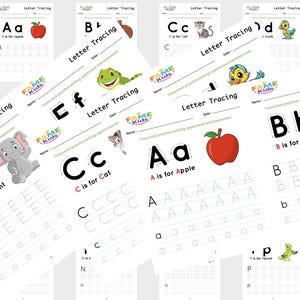 May include: A collection of letter tracing worksheets and an alphabet book. The worksheets feature uppercase and lowercase letters with corresponding illustrations, such as an apple for 'A' and a bear for 'B'. The book cover displays the title 'English Alphabet Trace Writing Book'.