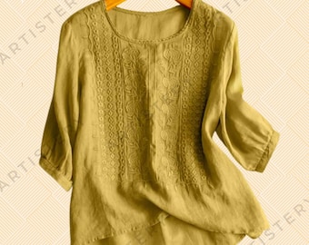 Women's Casual Summer Shirts, Linen Shirt, Elegant Sleeve Work Tops, Loose Cotton Blouses with Embroidery, Gift for Her