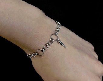 Stainless steel chainmail ring bracelet with silver metal spikes, alternative gothic style bracelet, handmade vampire bracelet