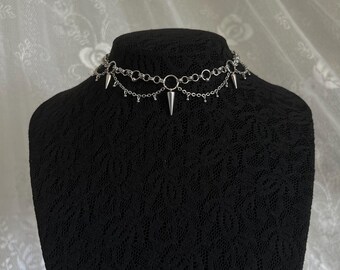 Stainless Steel Choker With Chainmail Rings, Punk Spike Charms