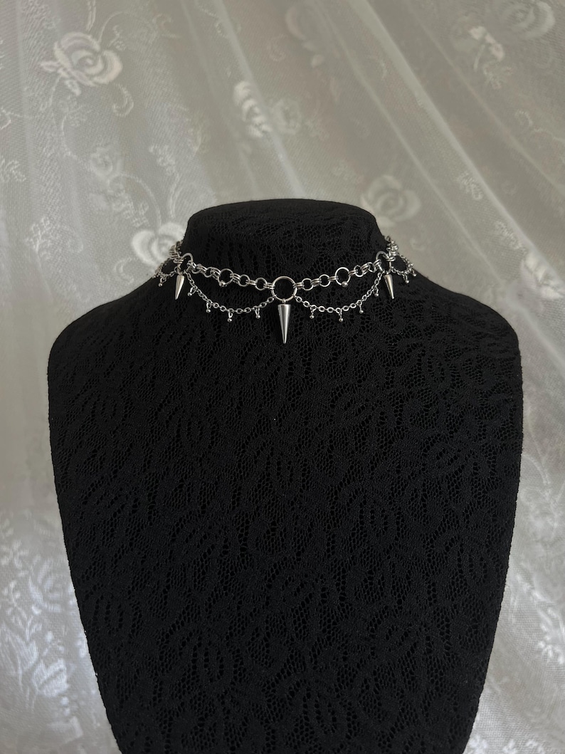 Stainless steel choker with chainmail rings, punk spike charms, maximalist grunge gothic style necklace, handmade image 3