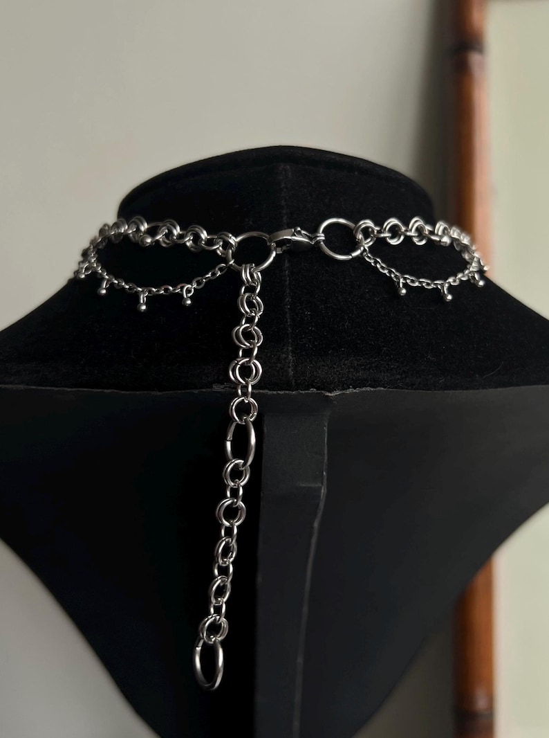 Stainless steel choker with chainmail rings, punk spike charms, maximalist grunge gothic style necklace, handmade image 6