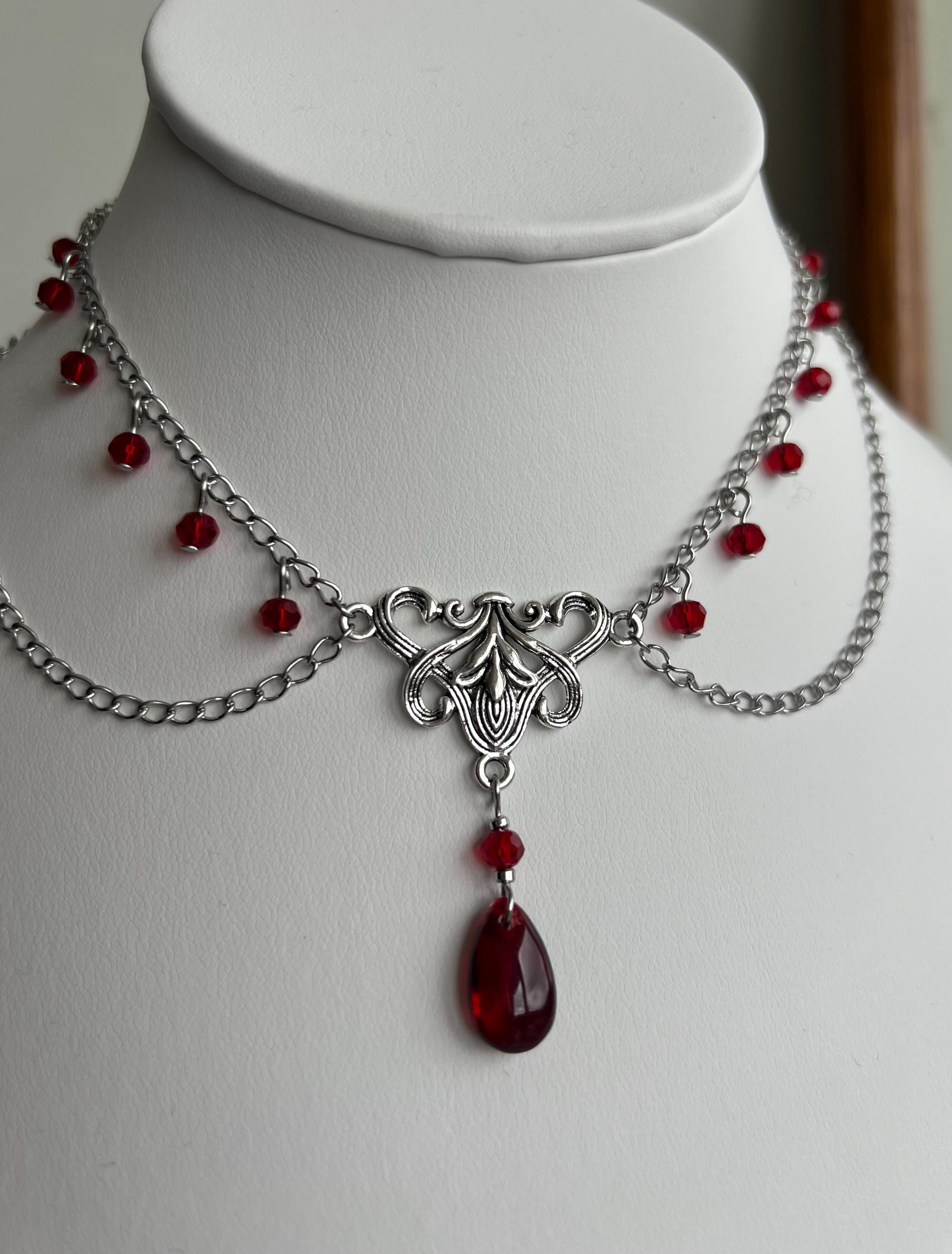 Collier Ras De Cou Perlé Avec Effet Sang Dégoulinant - Réglable 32-39 Cm, Style Gothique Vampire Pour Cosplay Et Fêtes