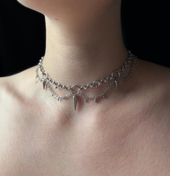 Stainless Steel Choker With Chainmail Rings, Punk Spike Charms 