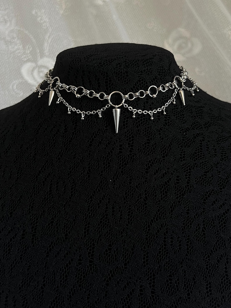 Stainless steel choker with chainmail rings, punk spike charms, maximalist grunge gothic style necklace, handmade image 4