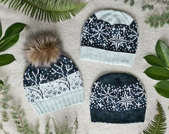 May include: Three knitted winter hats with different patterns. One hat has a fluffy pompom on top. The hats are blue, white, and green.