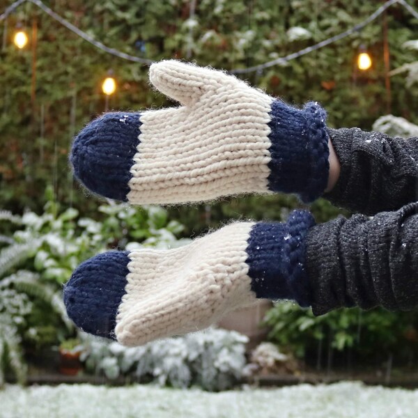Teen/Adult Small Color Block Mittens in Cream & Navy - Hand Knit Chunky Winter Mittens