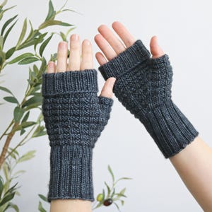 Könnte beinhalten: Dunkelgraue gestrickte Fingerhandschuhe mit einem strukturierten Muster auf der Hand und gerippten Bündchen. Die Handschuhe werden vor einem weißen Hintergrund mit grünem Laubwerk gezeigt.