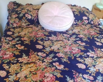 SALE Vintage Floral Duvet Cover +Pillow Shams, Bold Navy Blue Pink Roses, Heavy Cotton Victorian Stripes, RUFFLES Double/Twin Duvet