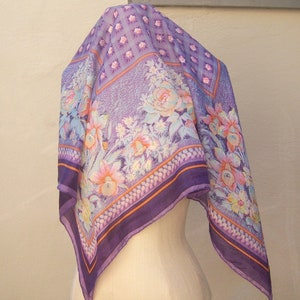 SALE Vintage floral silk scarf / LAVENDER orange aqua blue / Spring scarf! hand rolled edges 31x32 large