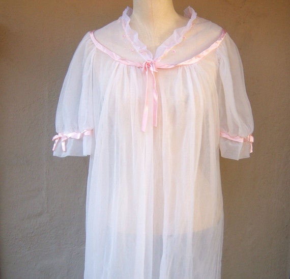 50s 60s dressing gown / sheer white peignoir robe / PINK satin | Etsy
